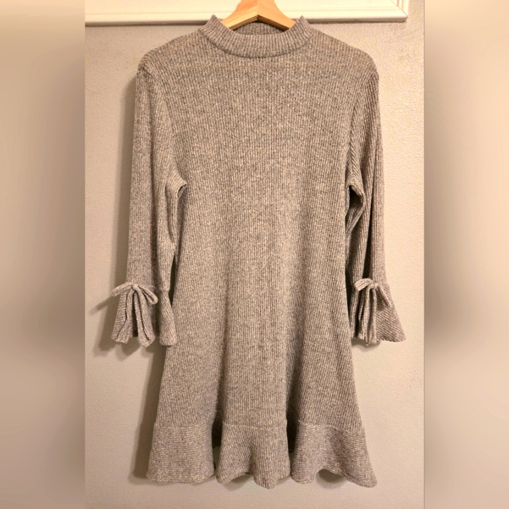 Lauren Conrad Sweater Dress Gray Large Ribbed 3/4 length Bell Sleeves with Bows